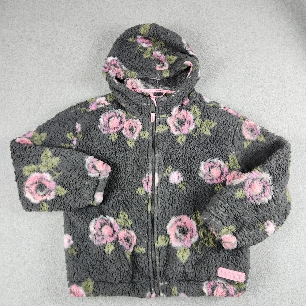 Justice Jacket Girls Large Gray Floral Sherpa Soft Cozy Warmth Hooded Full Zip